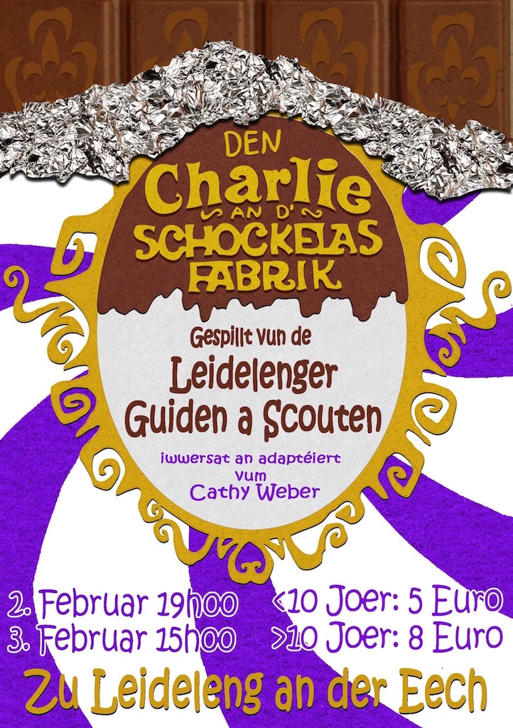 Affiche vum Theaterstéck De Charlie an d’Schockelasfabrik